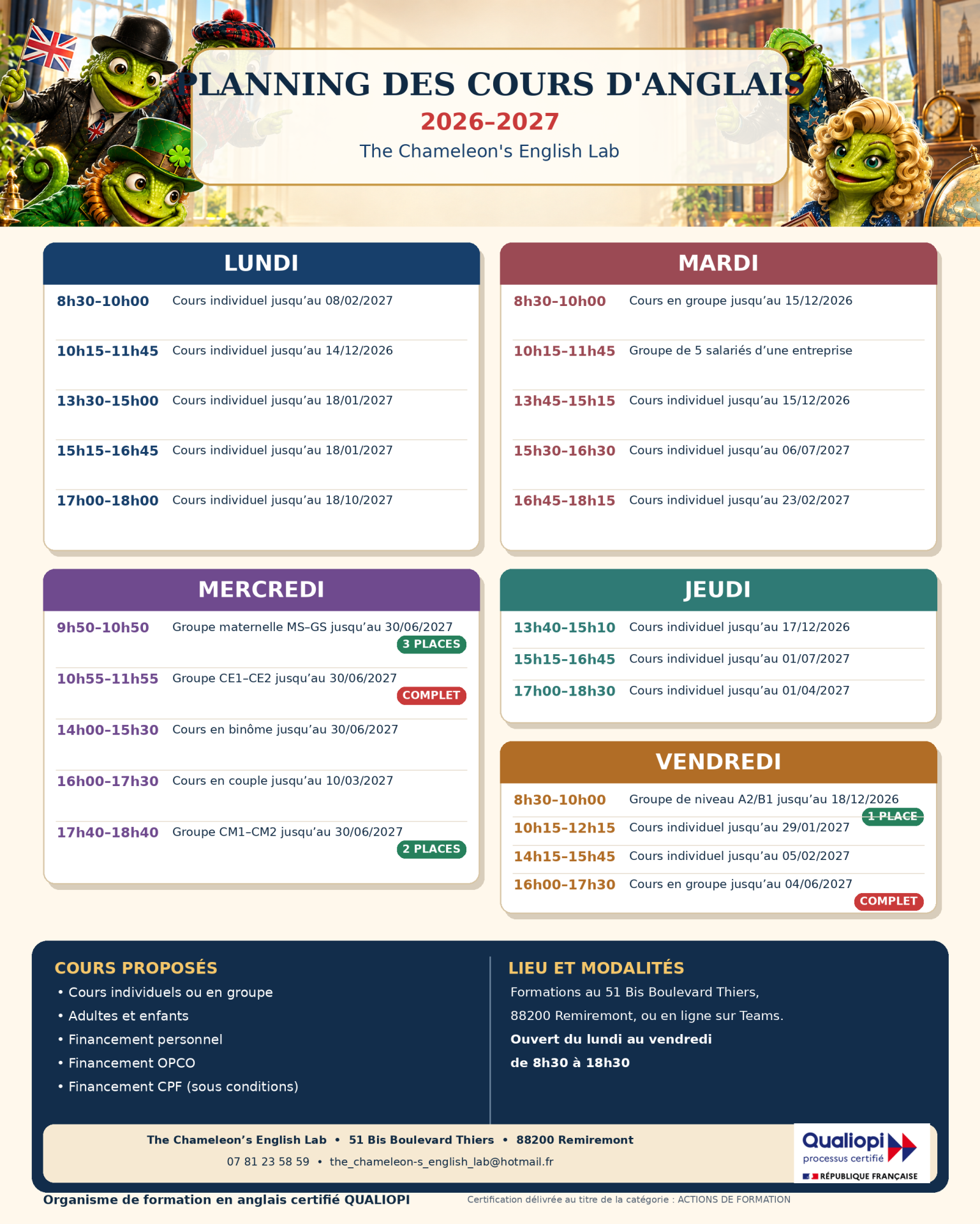 Planning cours anglais 2026 2027